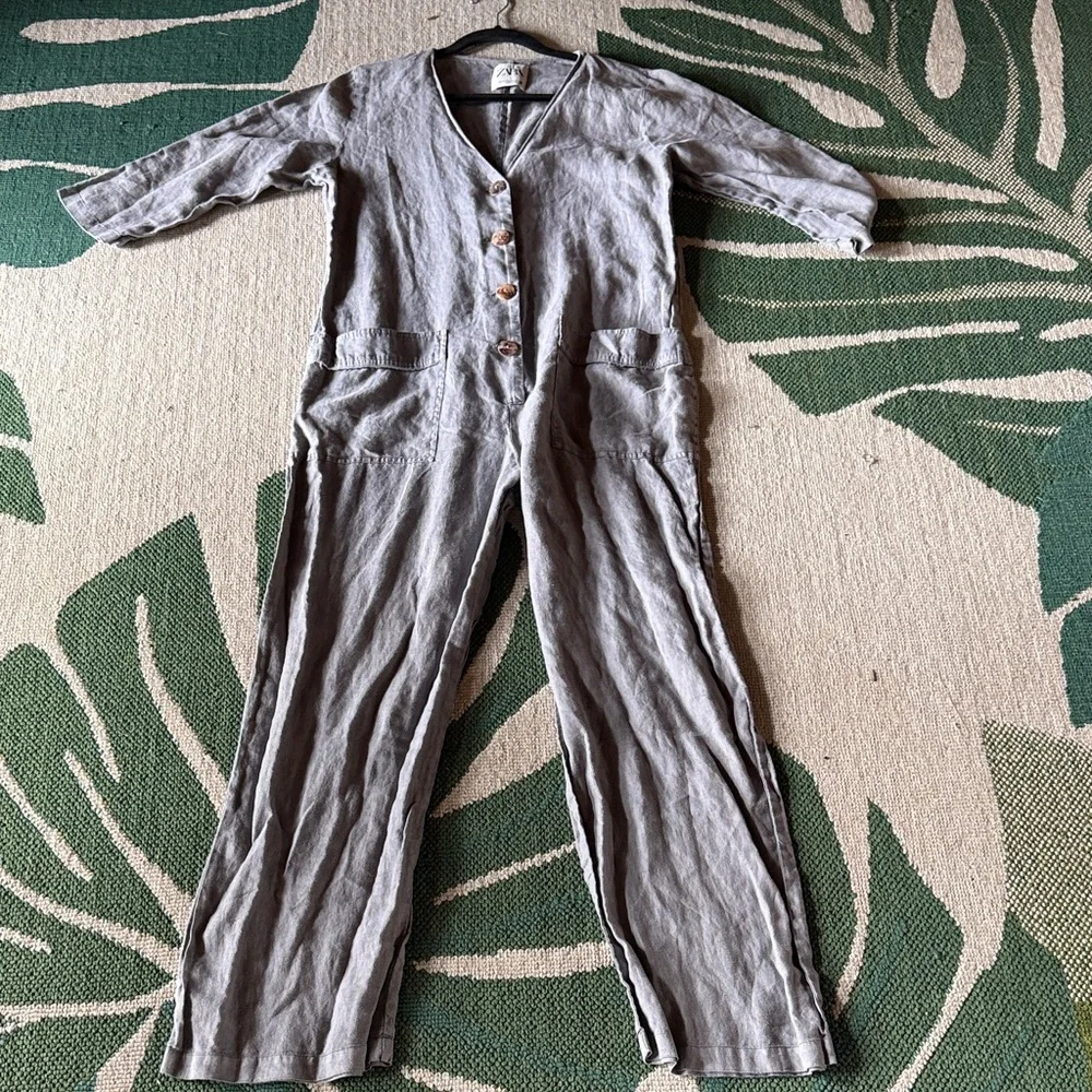 Zara gray Lillian linen Button Front Jumpsuit medium